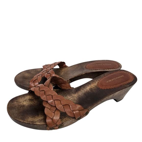 Vintage Wooden Heels Sandal Brown Banana Republic Braided Woven Leather Mule 8.5 - Picture 4 of 16